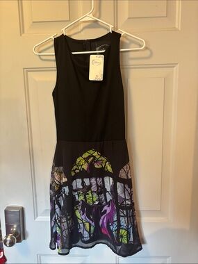 Disney Black Sleeveless Dress with Purple and Green Stained-Glass Print